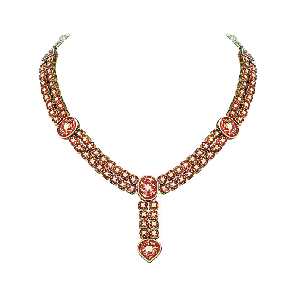 Polki Diamond Necklace Set with Deep Pink Gemstones and Drop